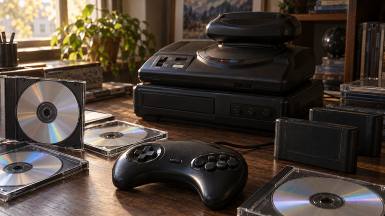 Sega-CD- und 32X-Bibliothek mit CDs, Spielmodulen und einem klassischen Controller