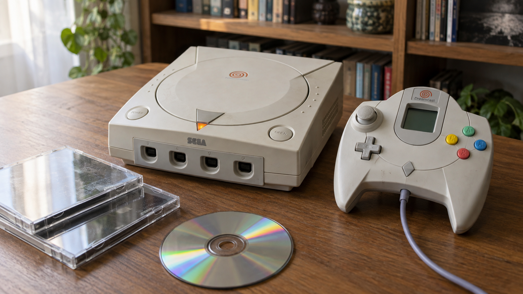 Sega Dreamcast mit Controller, VMU und Spiele-Discs auf einem Holztisch