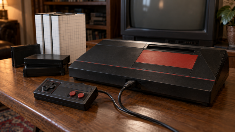Sega Master System mit Controller, Spielmodulen und Hüllen auf einem Holztisch