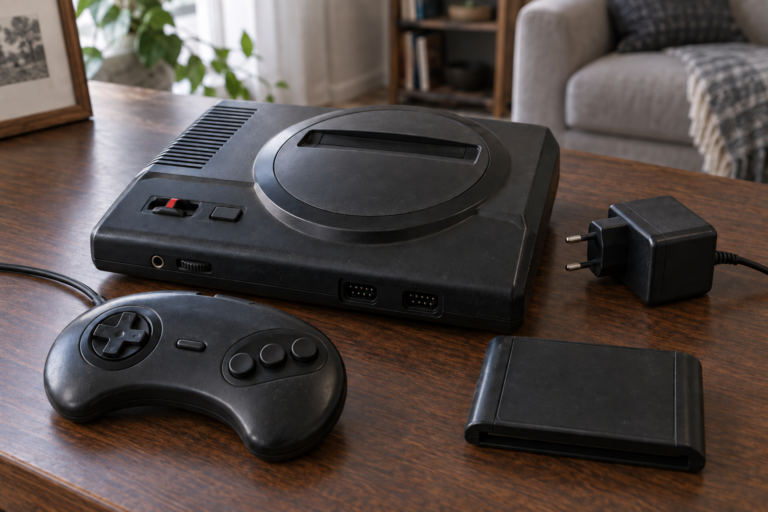 Gebrauchte schwarze 16-Bit-Modulkonsole mit Drei-Tasten-Controller und europäischem Netzteil