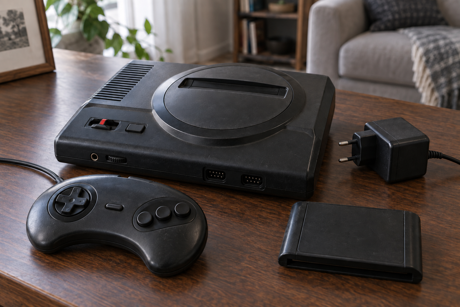 Gebrauchte schwarze 16-Bit-Modulkonsole mit Drei-Tasten-Controller und europäischem Netzteil