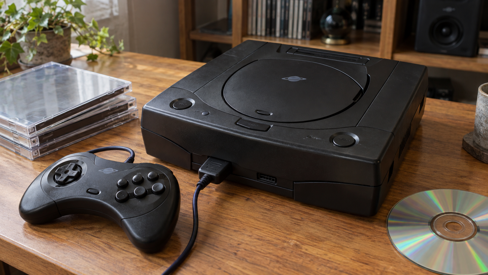 Schwarze Sega-Saturn-Konsole mit Controller und CDs auf einem Holztisch