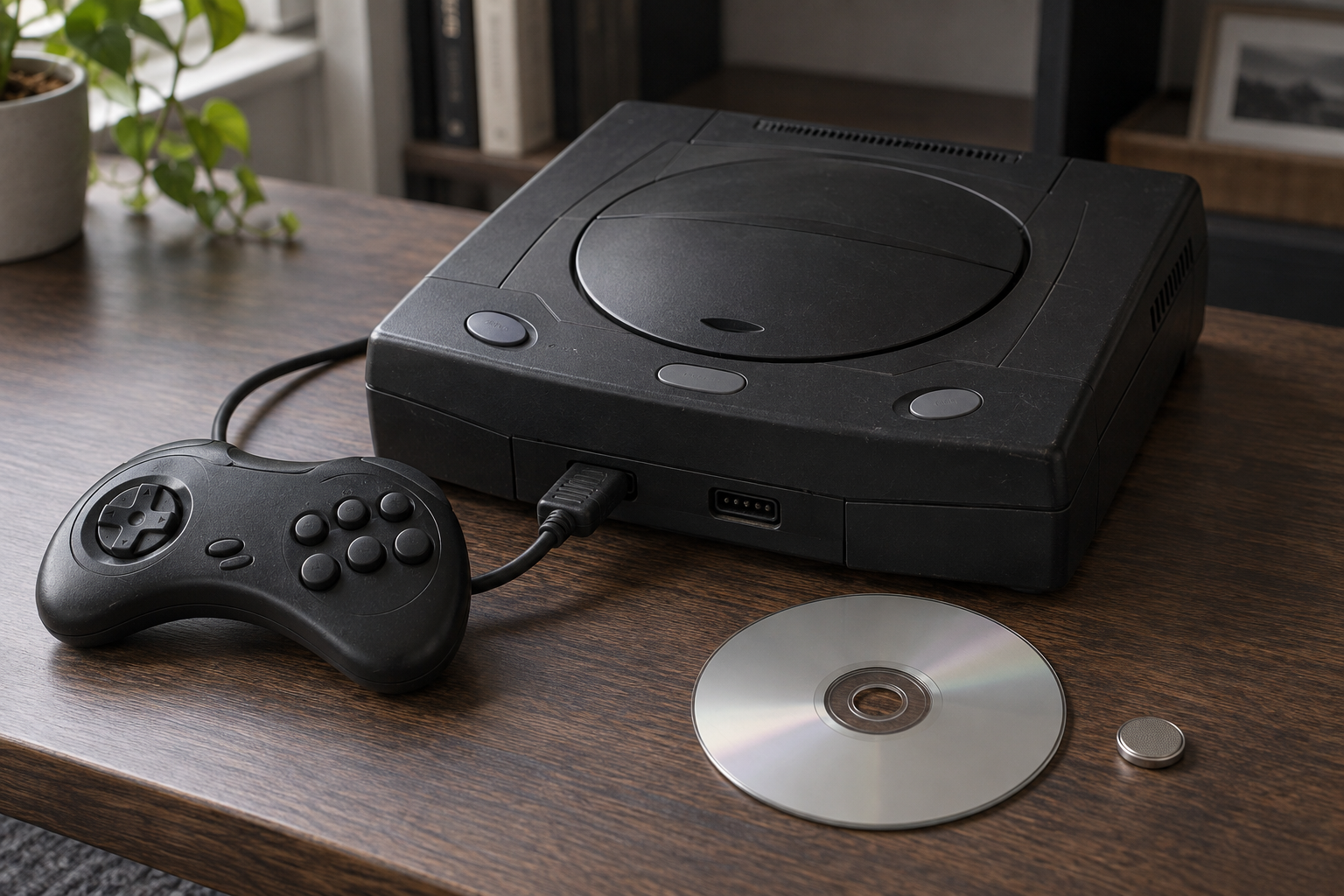 Gebrauchte schwarze 32-Bit-CD-Konsole mit Controller und Spiel-CD