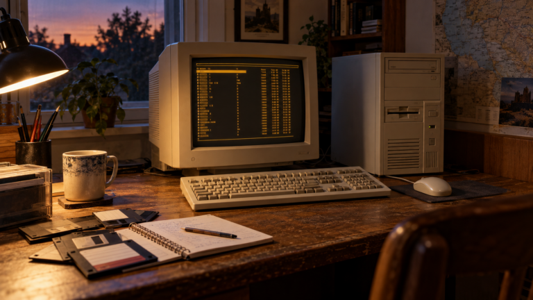 Beiger 486-PC mit CRT-Monitor und Disketten als Symbol für die Shareware-Ära