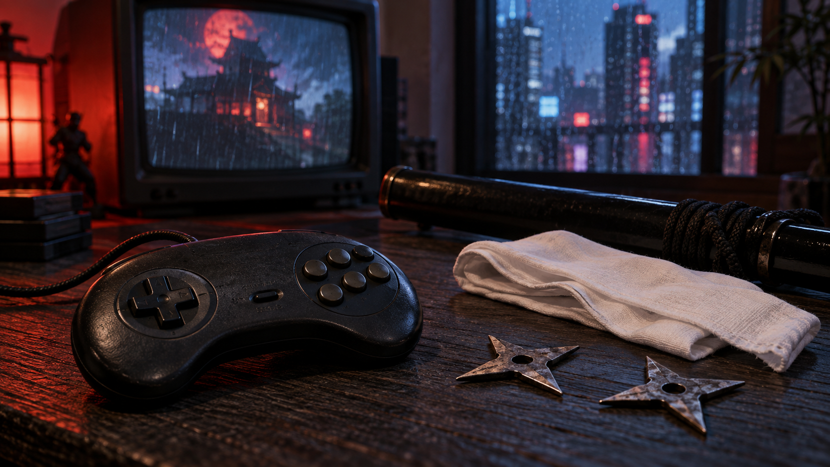 Retro-Controller mit Shuriken und weißem Stoff vor einem Röhrenfernseher und nächtlicher Stadtkulisse