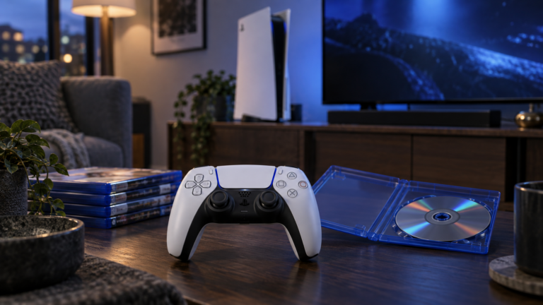 DualSense-Controller neben einer Spiele-Disc, mit PlayStation 5 im Wohnzimmer – KI-generiertes Symbolbild