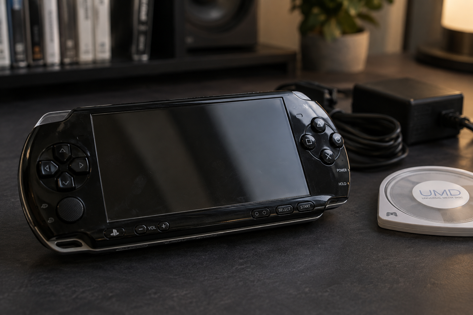 Gebrauchte Sony PSP mit UMD und Ladegerät auf einem dunklen Tisch