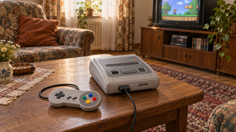 Super Nintendo mit Controller auf einem Holztisch vor einem Röhrenfernseher im Wohnzimmer der 90er Jahre – KI-generiertes Symbolbild