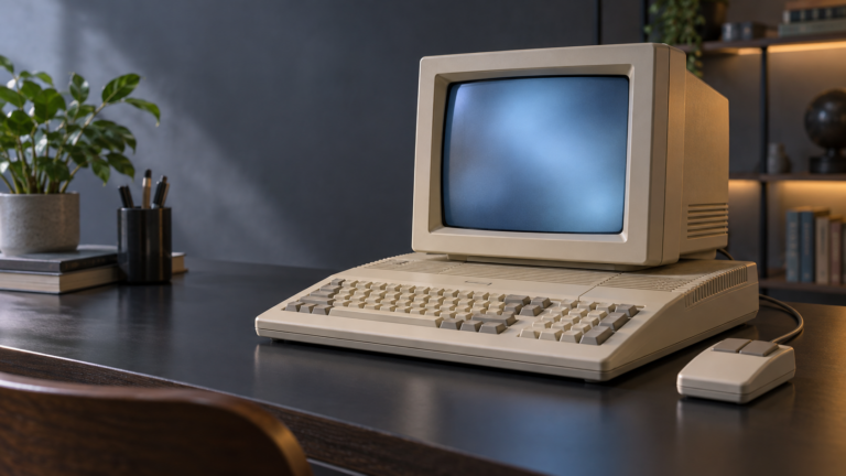 Unmarkierter 16-Bit-Heimcomputer mit Röhrenmonitor und Maus auf einem Schreibtisch