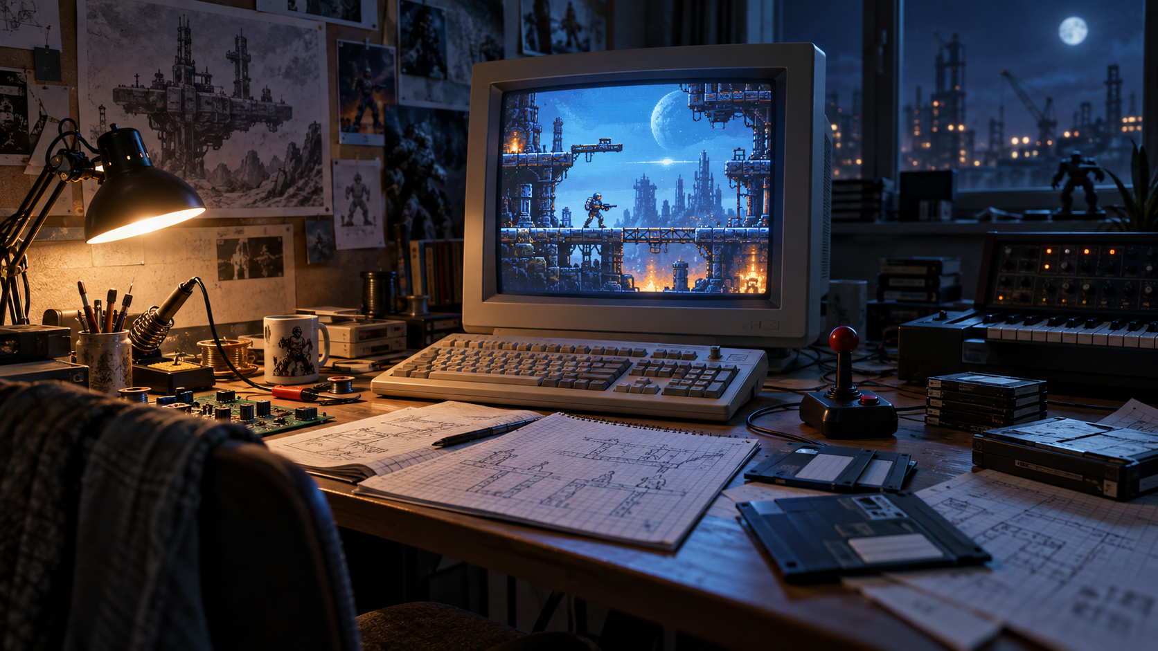 Frühes 1990er-Jahre-Entwicklerstudio mit Heimcomputer und einem Science-Fiction-Actionspiel auf dem CRT