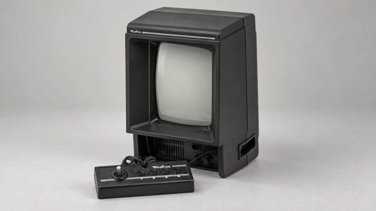 Originale Vectrex-Konsole mit Hochformat-Bildröhre und kabelgebundenem Controller – KI-bearbeitete Darstellung