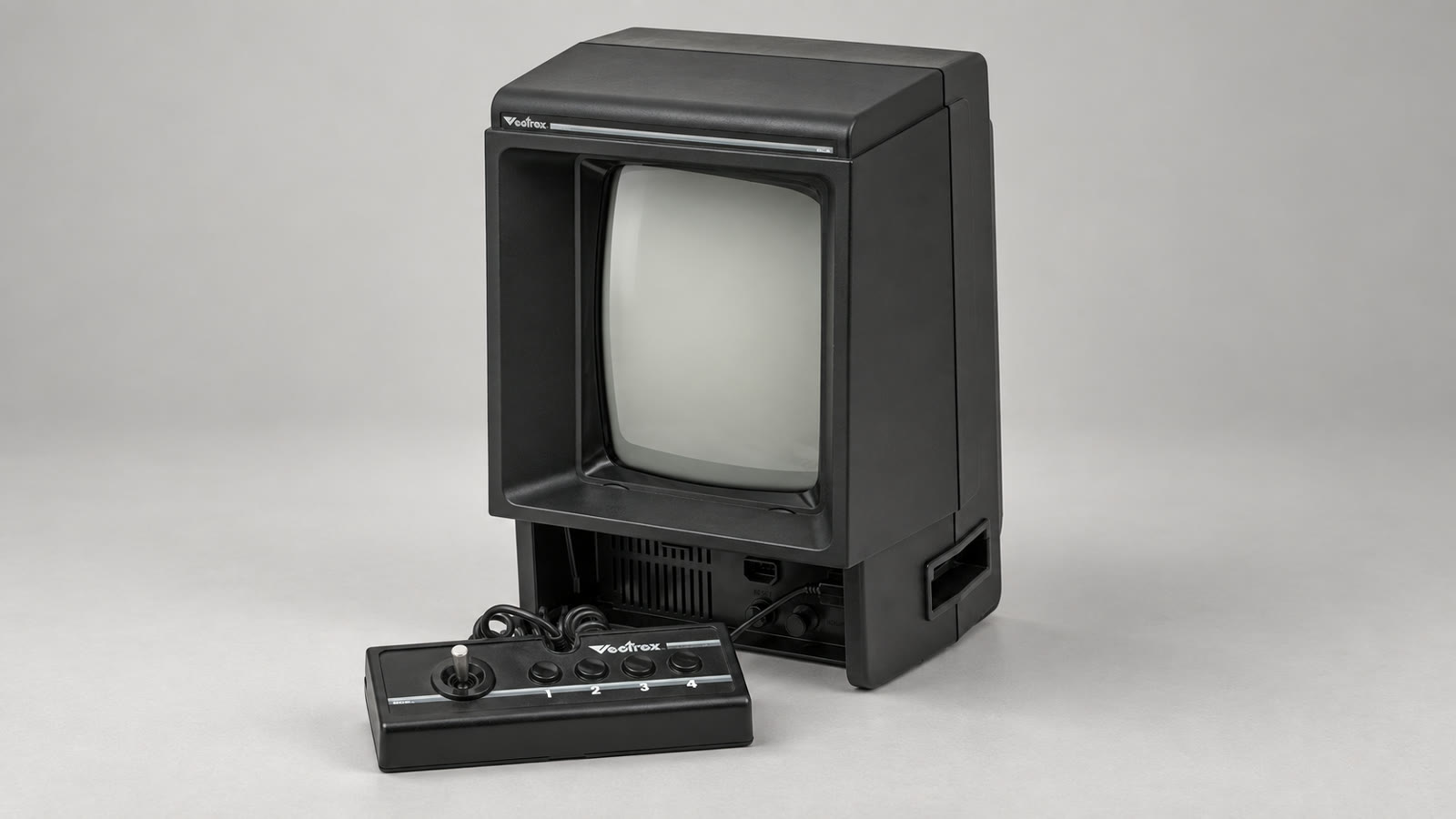 Originale Vectrex-Konsole mit Hochformat-Bildröhre und kabelgebundenem Controller – KI-bearbeitete Darstellung