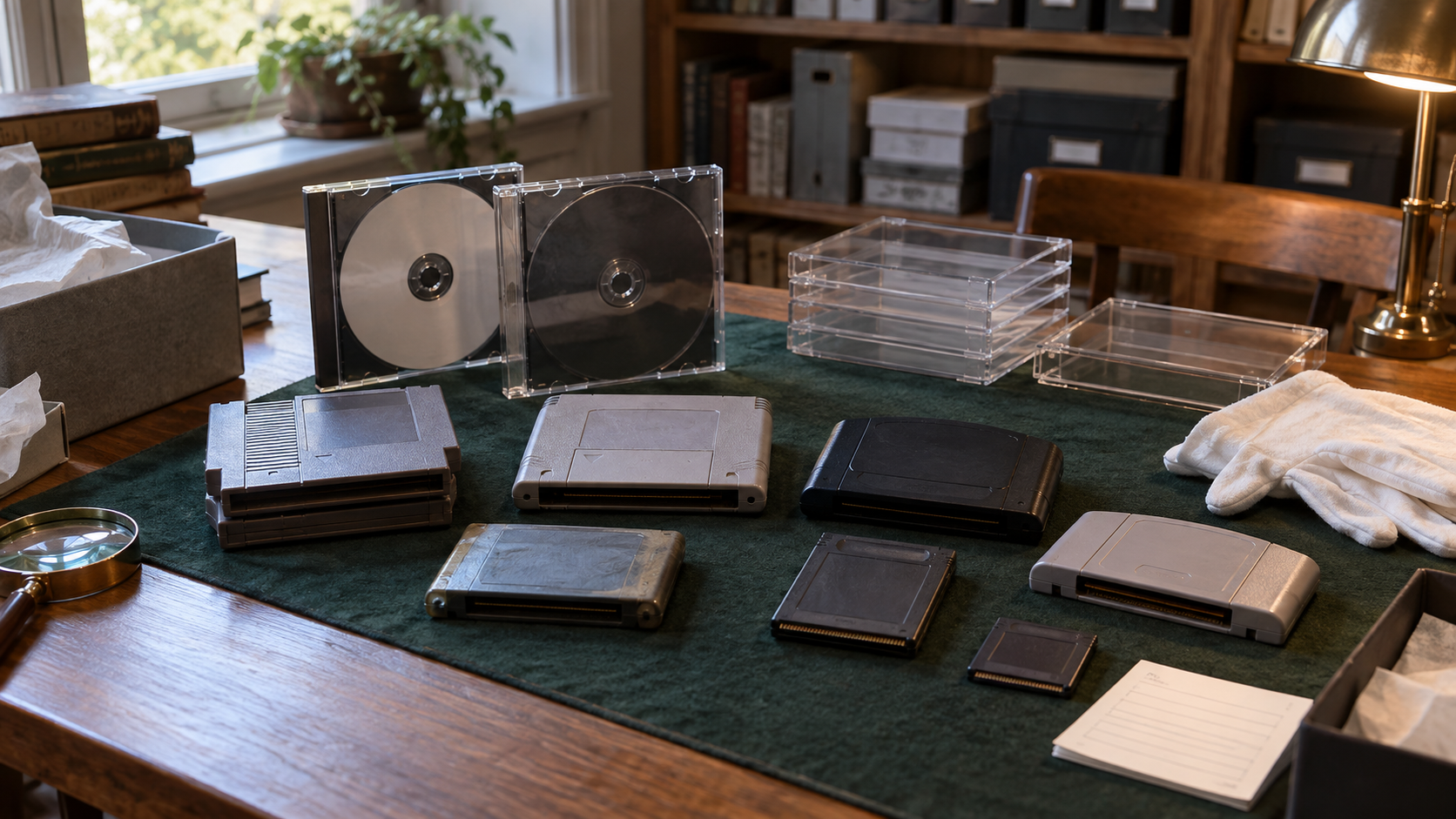 Archivierte Retro-Spielmodule, CDs und Schutzhüllen auf einem Sammlertisch