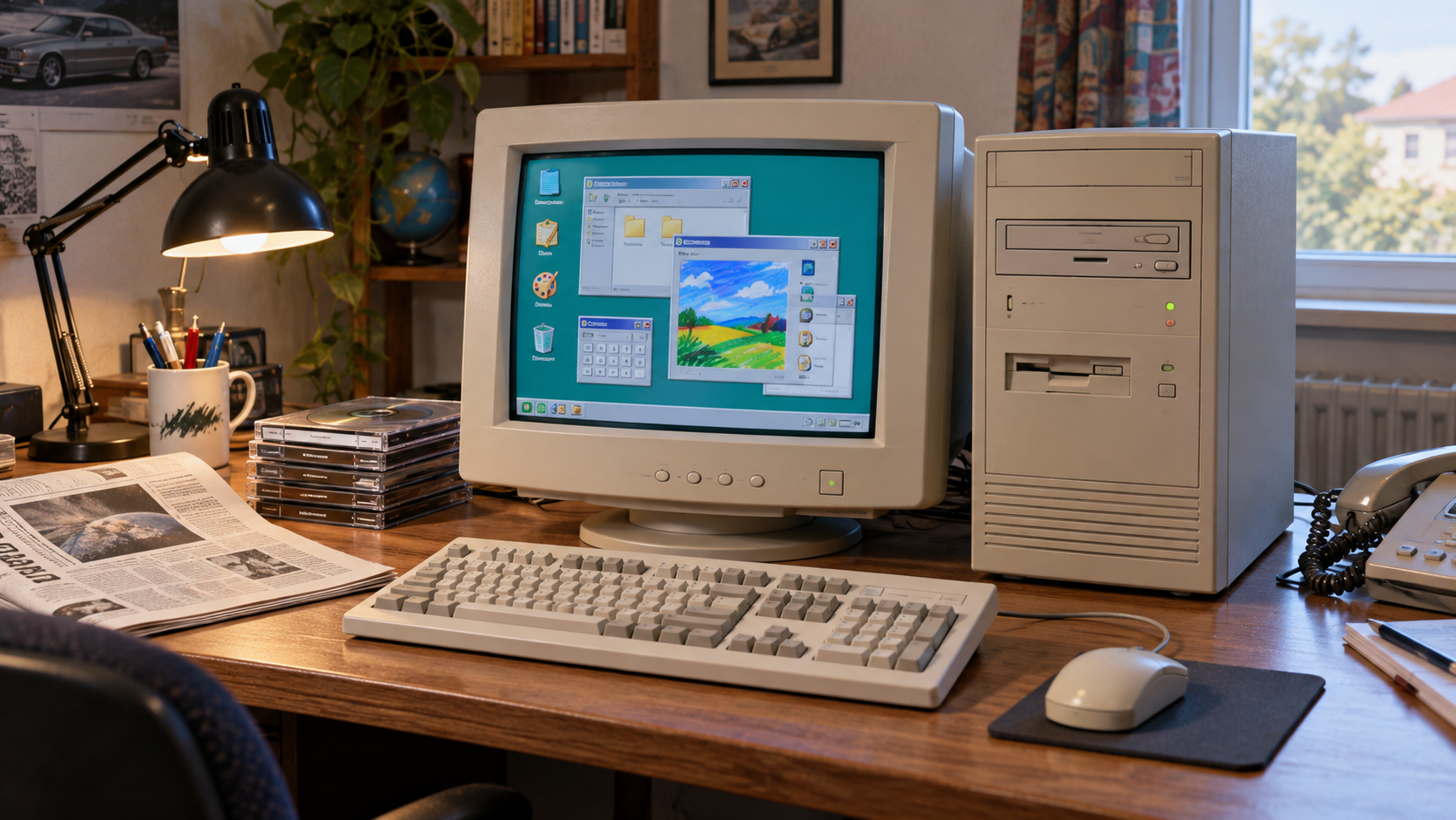 Beiger PC mit CRT-Monitor, Tastatur und CD-ROMs als Symbol für die Windows-95-Ära