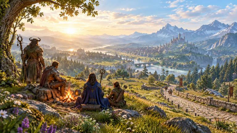 Vier namenlose Fantasy-Abenteurer an einem Lagerfeuer mit Blick über ein helles weites Tal und eine ferne Stadt