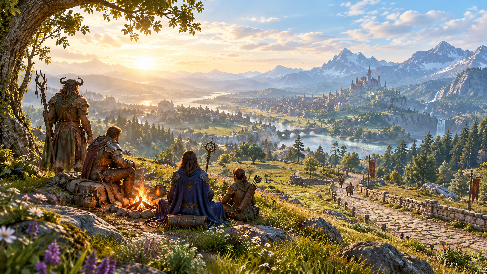 Vier namenlose Fantasy-Abenteurer an einem Lagerfeuer mit Blick über ein helles weites Tal und eine ferne Stadt