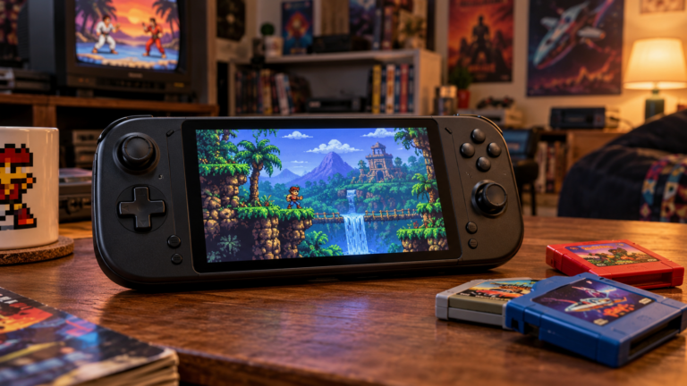 Retro-Handheld mit Analogsticks auf einem Holztisch, redaktionelles KI-Symbolbild
