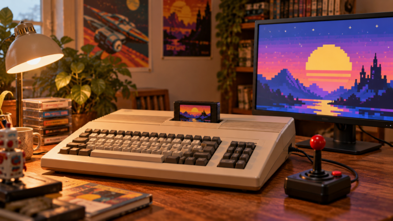 Acht-Bit-Heimcomputer mit Tastatur und Joystick, redaktionelles KI-Symbolbild