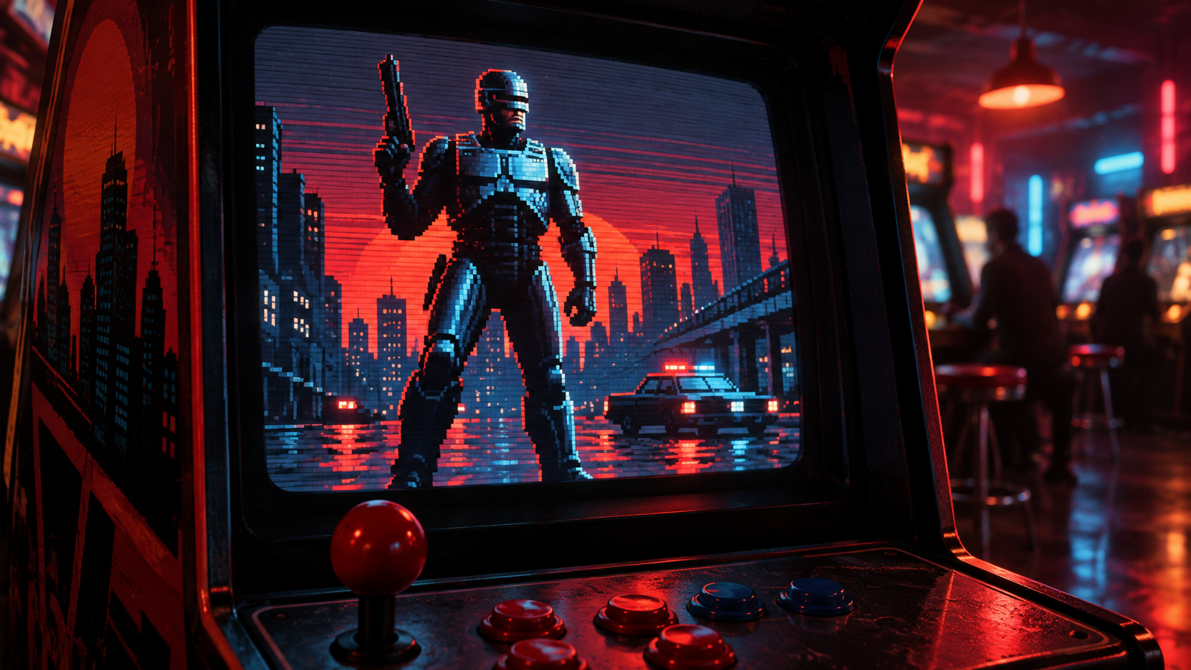 Futuristische Arcade-Szene mit gepanzerter Figur, redaktionelles KI-Symbolbild