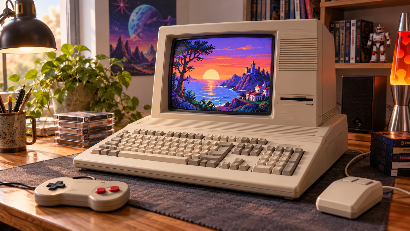 Amiga-inspirierter Heimcomputer mit Tastatur, Maus und Gamepad, redaktionelles KI-Symbolbild