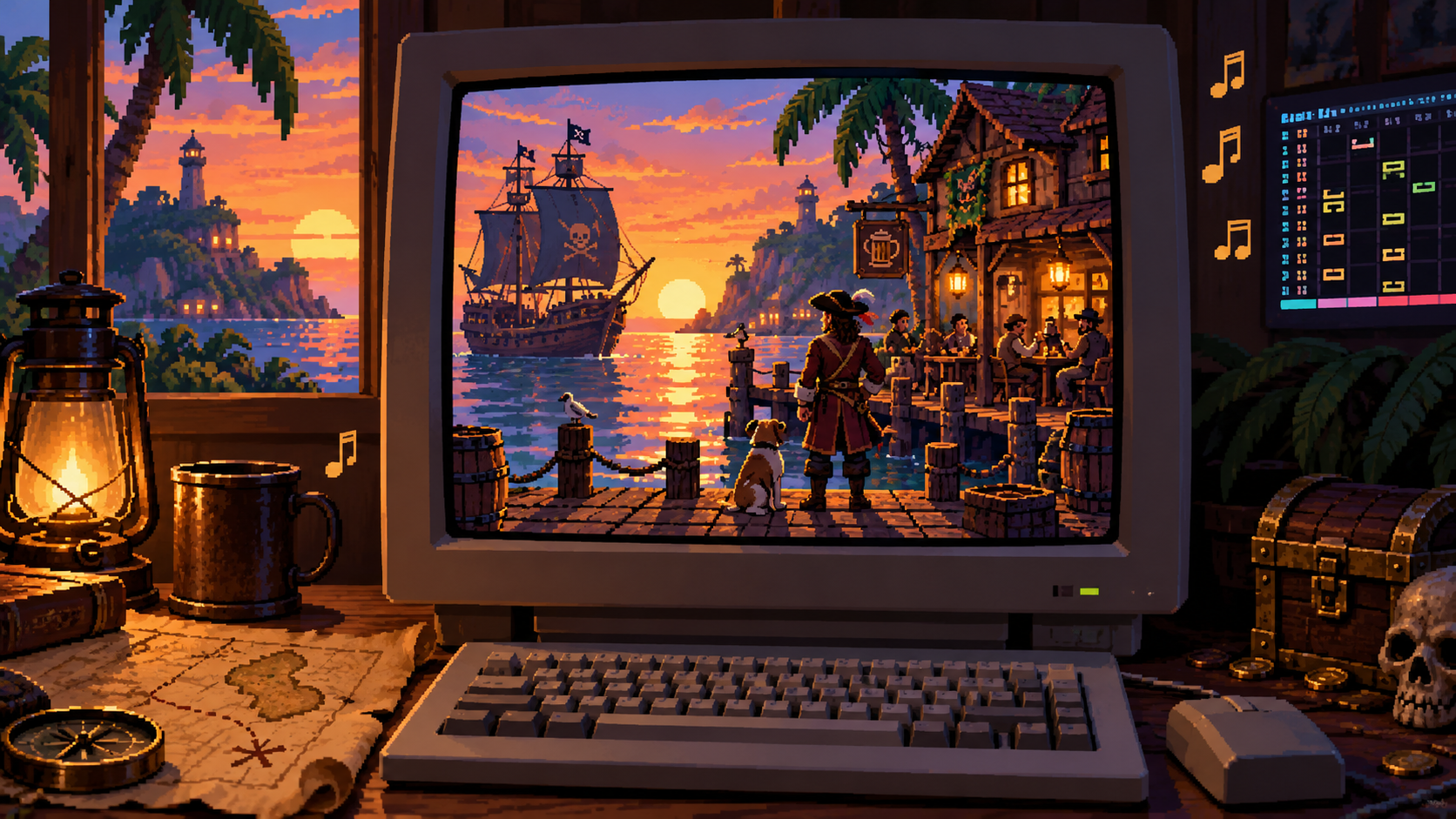 Piratenadventure in Pixelgrafik auf einem alten Heimcomputer, redaktionelles KI-Symbolbild