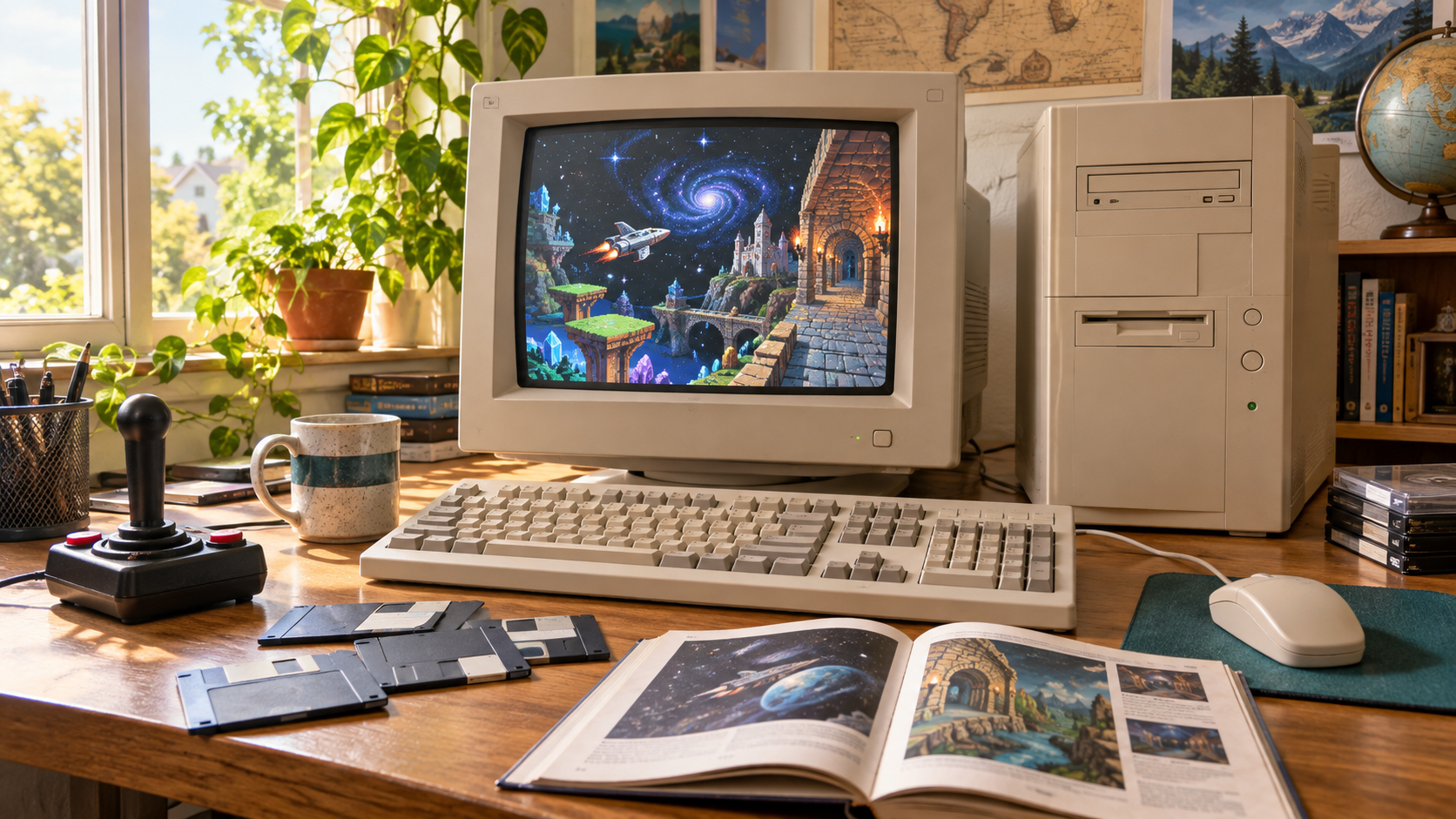 Heller Arbeitsplatz mit einem neutralen 90er-Jahre-PC, Röhrenmonitor, Joystick und Disketten