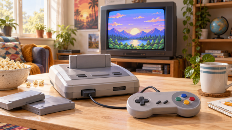 Helles Wohnzimmer mit neutraler 16-Bit-Konsole, unbeschrifteten Modulen und Röhrenfernseher mit abstrakter Pixelgrafik