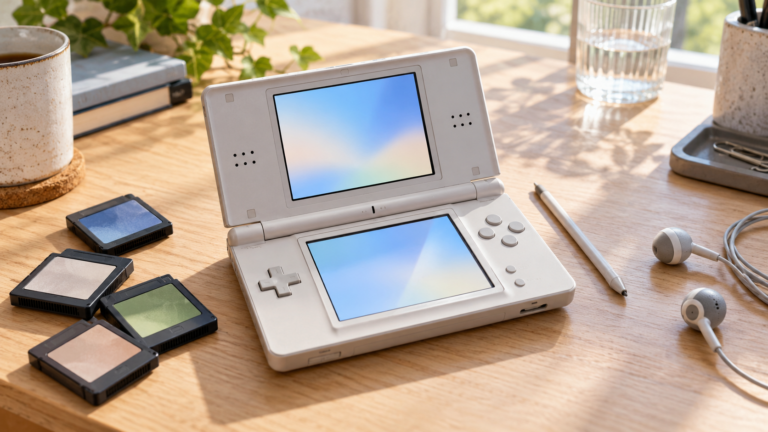 Heller Schreibtisch mit einem neutralen Dual-Screen-Handheld, Eingabestift und unbeschrifteten Spielmodulen