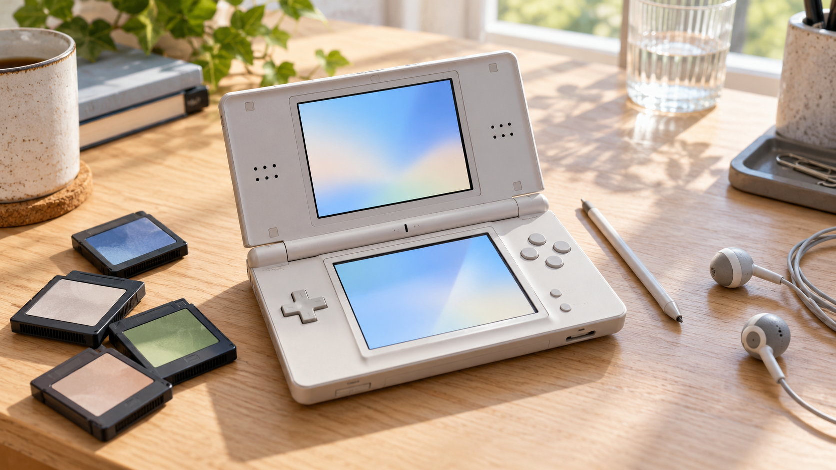 Heller Schreibtisch mit einem neutralen Dual-Screen-Handheld, Eingabestift und unbeschrifteten Spielmodulen