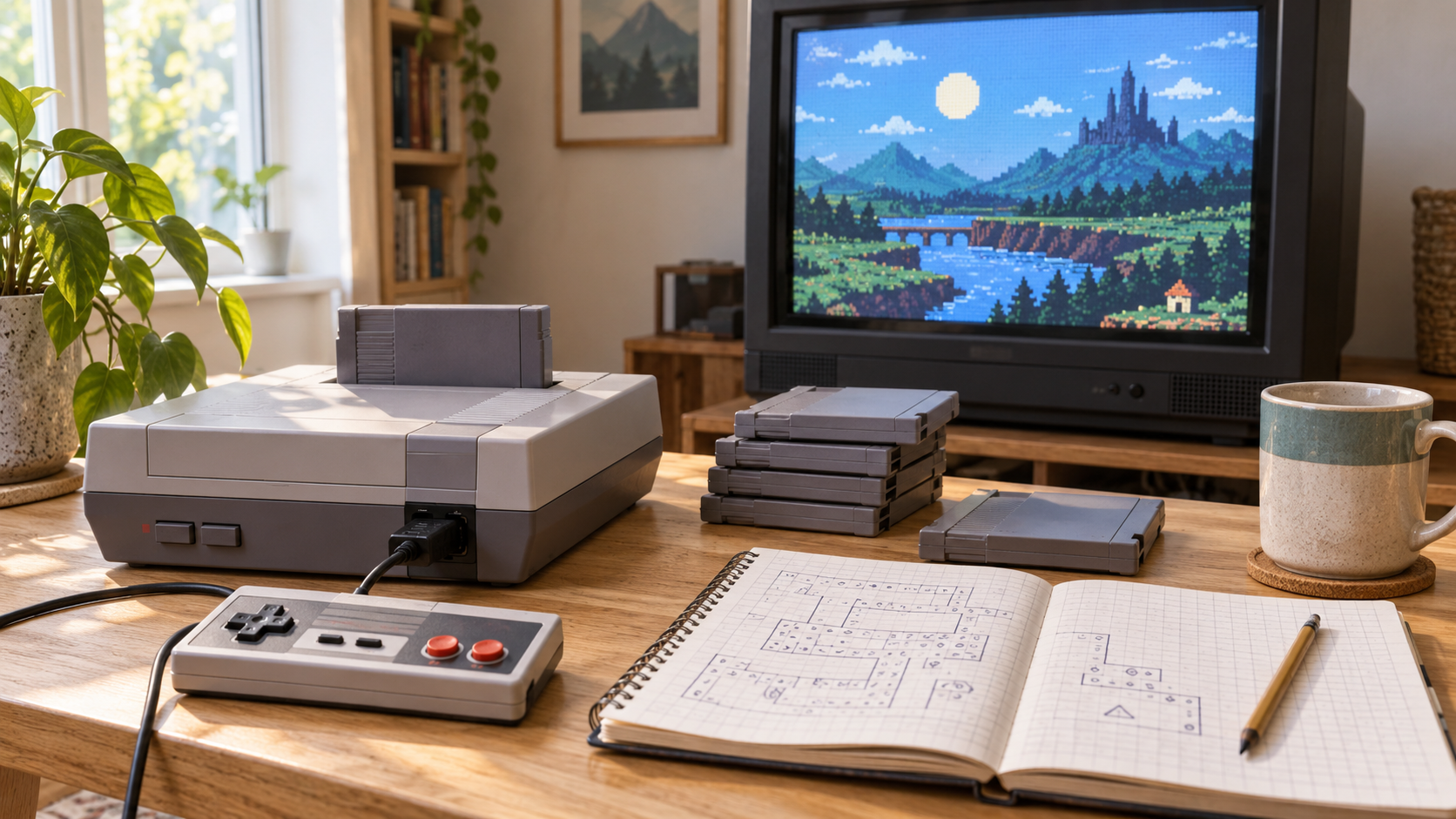 Heller Retro-Spielplatz mit neutraler 8-Bit-Konsole, unbeschrifteten Modulen, Röhrenfernseher und Kartenheft