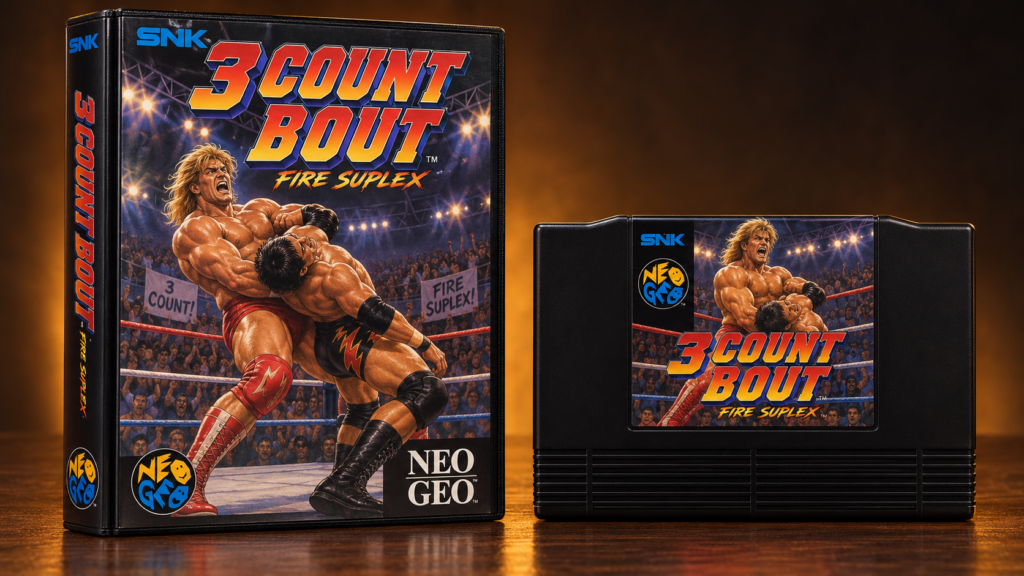 3 Count Bout / Fire Suplex: Neo-Geo-AES-Verpackung und Modul als KI-gestützte Produktaufnahme
