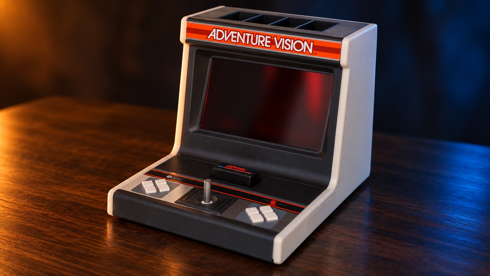 Entex Adventure Vision mit passendem Controller auf einem dunklen Holztisch vor dezent beleuchtetem Hintergrund