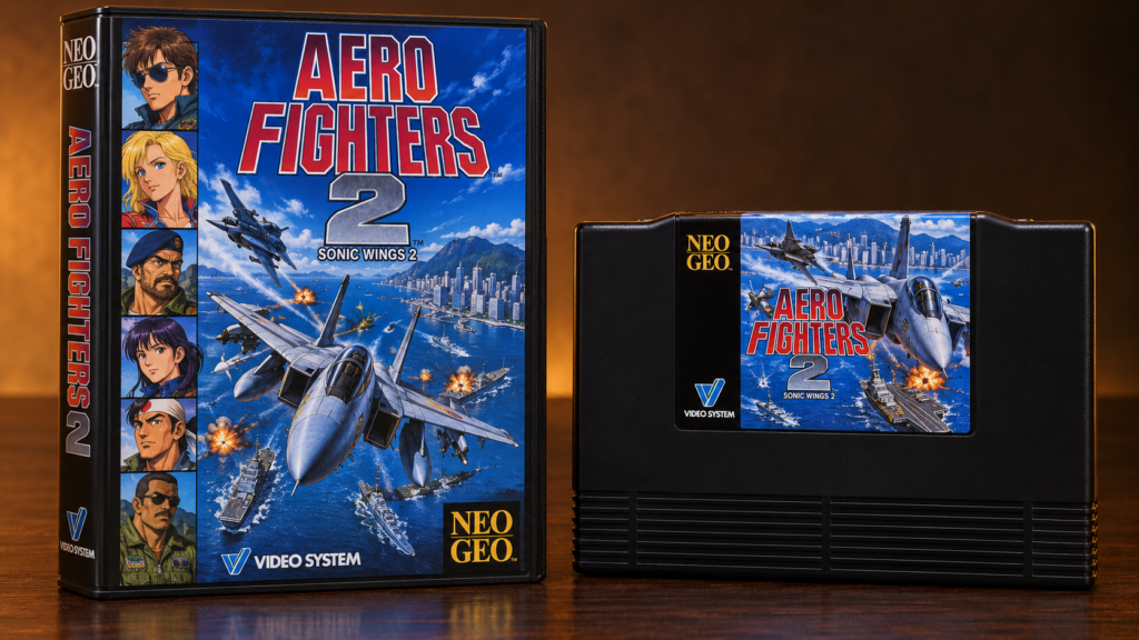 Aero Fighters 2 / Sonic Wings 2: Neo-Geo-AES-Verpackung und Modul als KI-gestützte Produktaufnahme