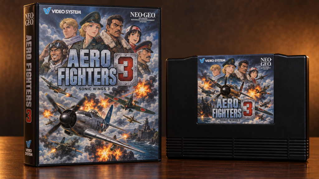 Aero Fighters 3 / Sonic Wings 3: Neo-Geo-AES-Verpackung und Modul als KI-gestützte Produktaufnahme