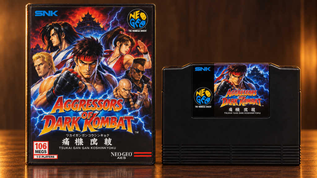 Aggressors of Dark Kombat / Tsukai Gan Gan Koshinkyoku: Neo-Geo-AES-Verpackung und Modul auf dunkler spiegelnder Oberfläche, KI-gestützte Produktaufnahme