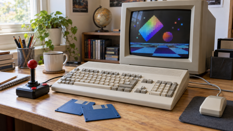 Heller Retro-Schreibtisch mit neutralem Tastaturcomputer, Röhrenmonitor, Joystick und unbeschrifteten Disketten