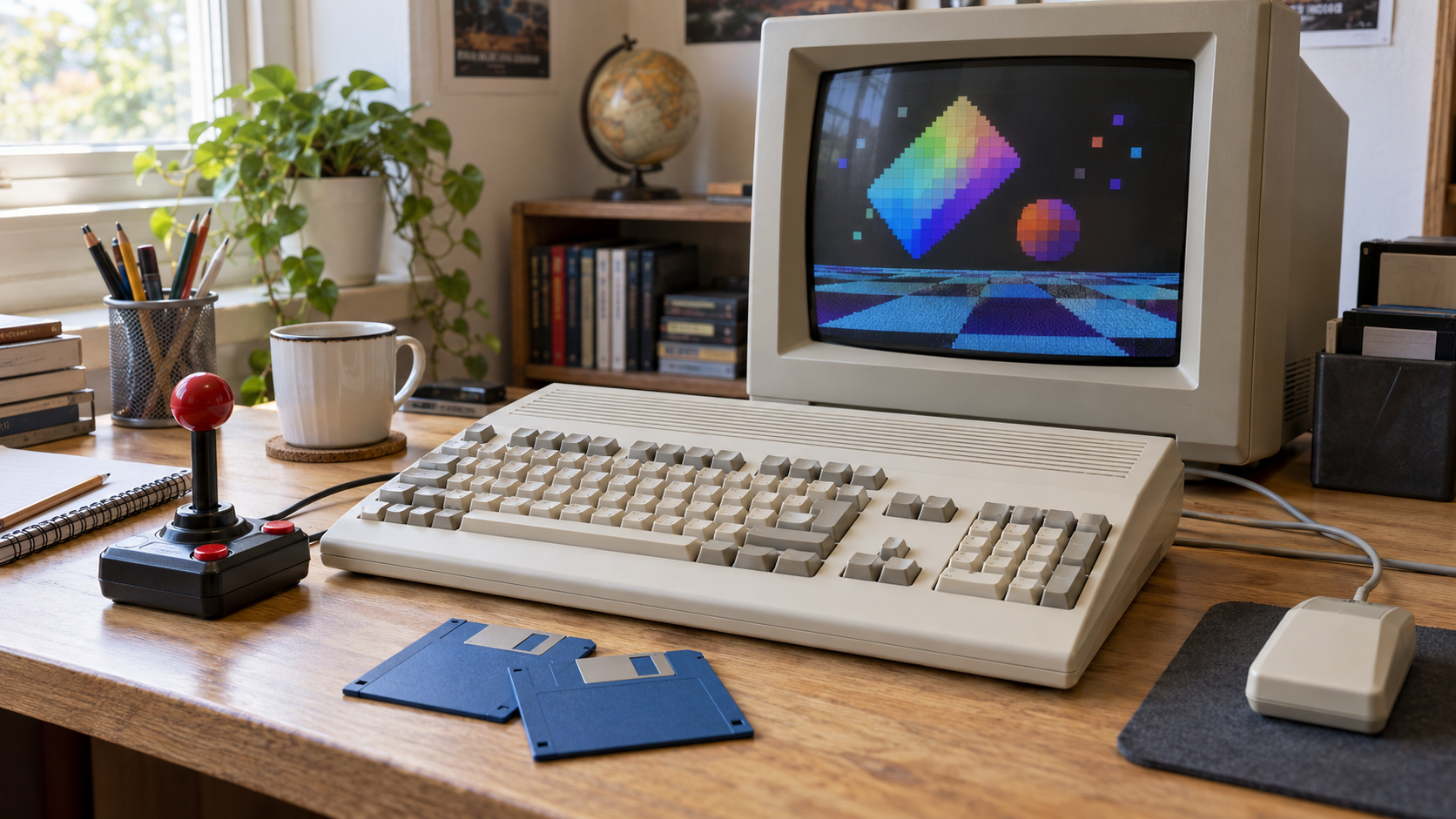 Heller Retro-Schreibtisch mit neutralem Tastaturcomputer, Röhrenmonitor, Joystick und unbeschrifteten Disketten