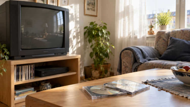 Helles Wohnzimmer im Stil der frühen 1990er-Jahre mit Röhrenfernseher und CDs auf einem Holztisch