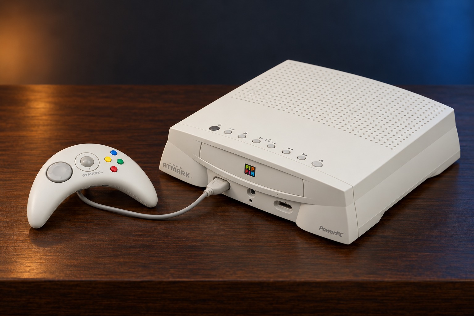 Apple Bandai Pippin mit passendem Controller auf einem dunklen Holztisch vor dezent beleuchtetem Hintergrund