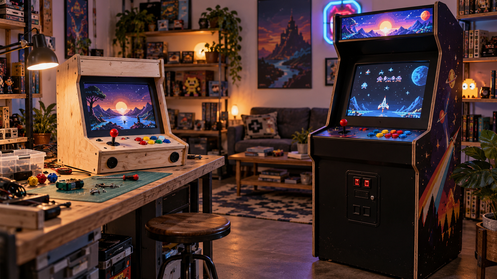 Selbst gebauter Arcade-Bartop aus Holz und gekaufter Standautomat stehen nebeneinander in einem Gamerzimmer
