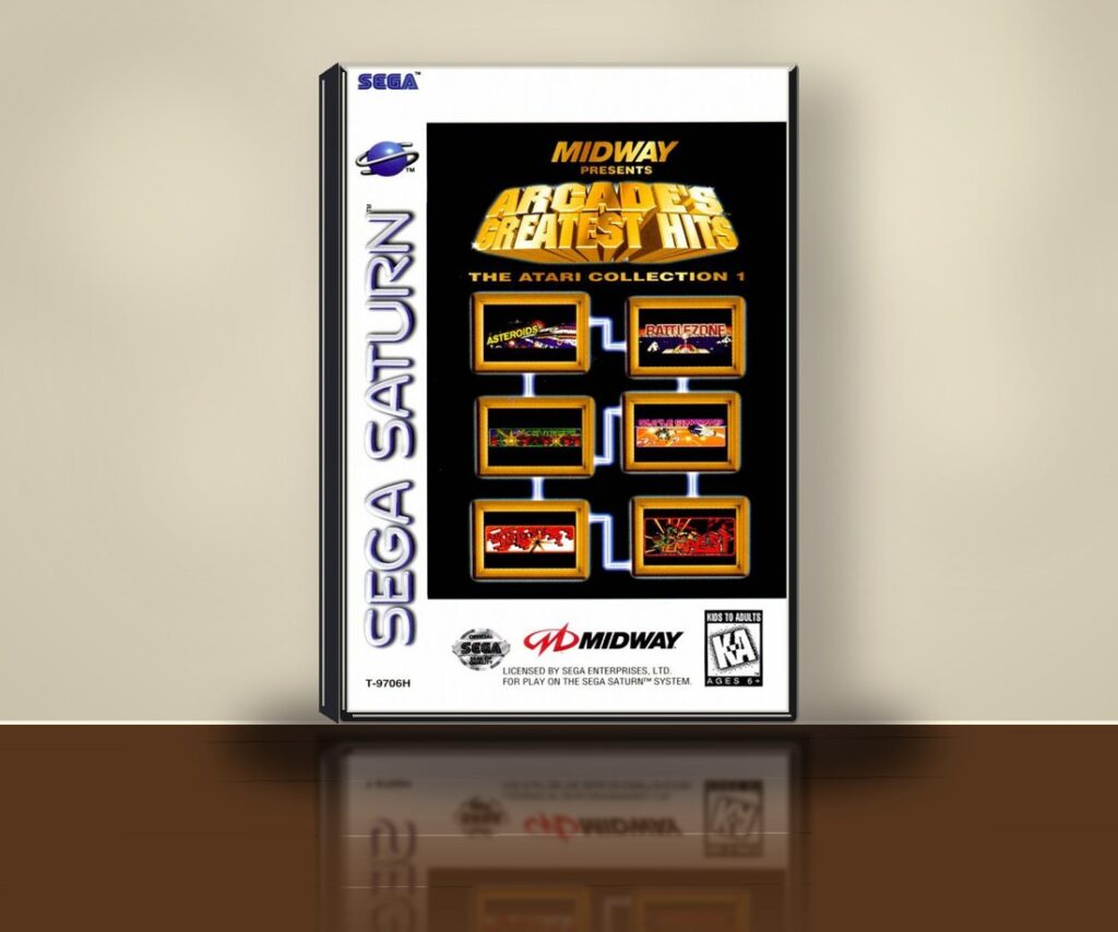 3D-Packshot von Arcade’s Greatest Hits: The Atari Collection 1 mit nordamerikanischem Sega-Saturn-Originalcover