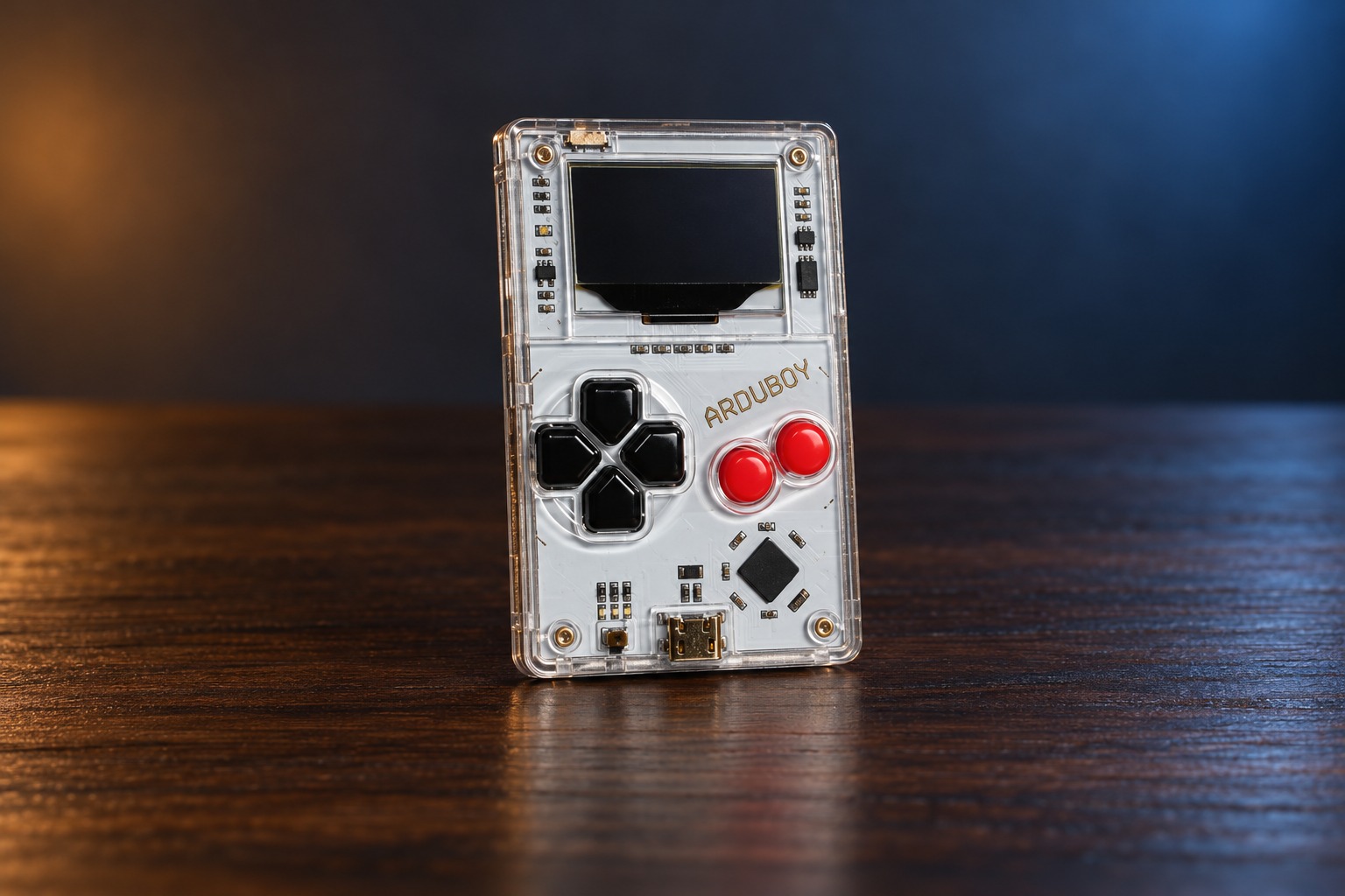 Arduboy mit integrierter Steuerung auf einem dunklen Holztisch vor dezent beleuchtetem Hintergrund