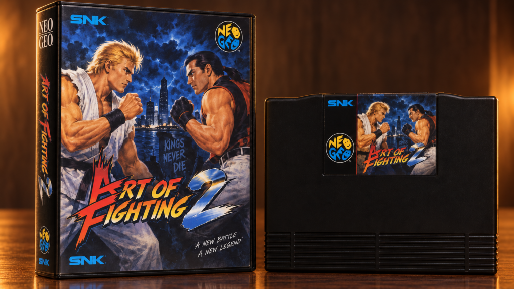 Art of Fighting 2: Neo-Geo-AES-Verpackung und Modul auf dunkler spiegelnder Oberfläche, KI-gestützte Produktaufnahme