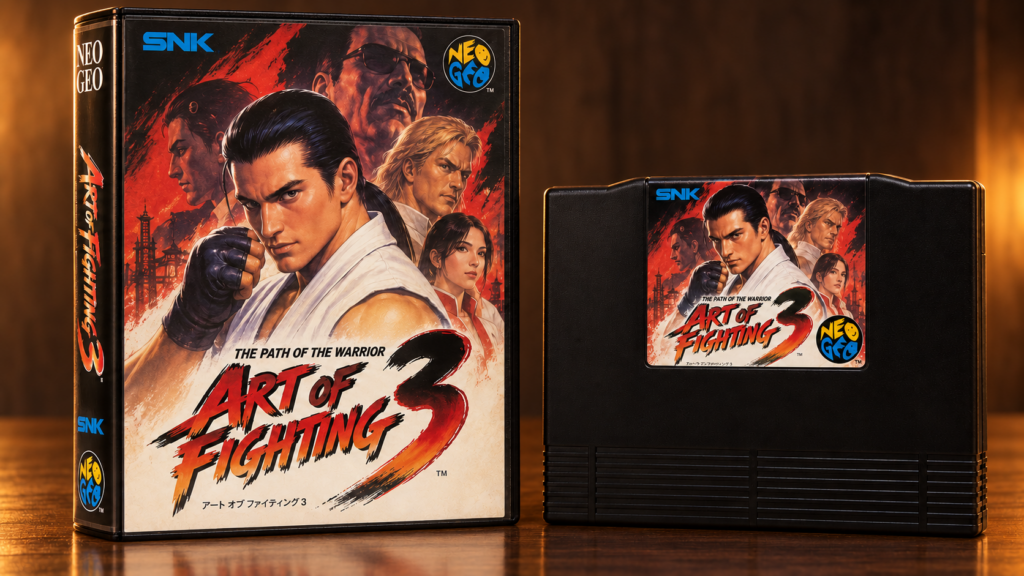Art of Fighting 3: The Path of the Warrior: Neo-Geo-AES-Verpackung und Modul auf dunkler spiegelnder Oberfläche, KI-gestützte Produktaufnahme