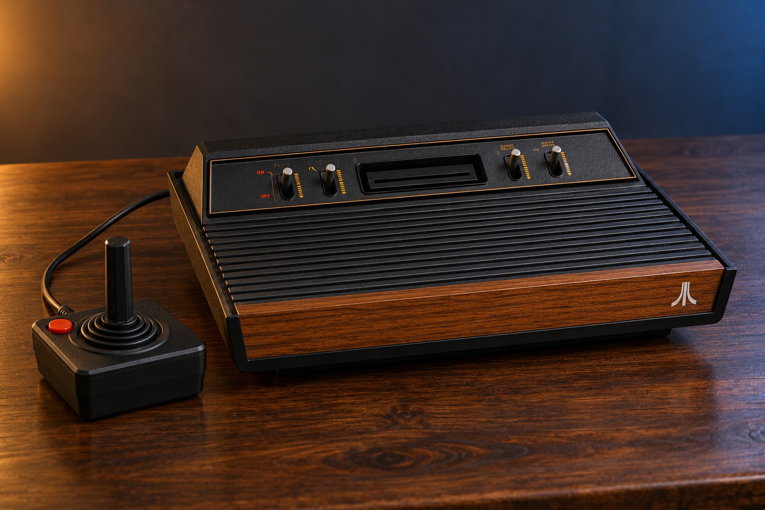 Atari 2600 mit passendem Controller auf einem dunklen Holztisch vor dezent beleuchtetem Hintergrund