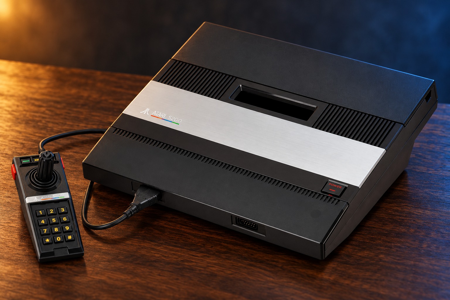 Atari 5200 mit passendem Controller auf einem dunklen Holztisch vor dezent beleuchtetem Hintergrund