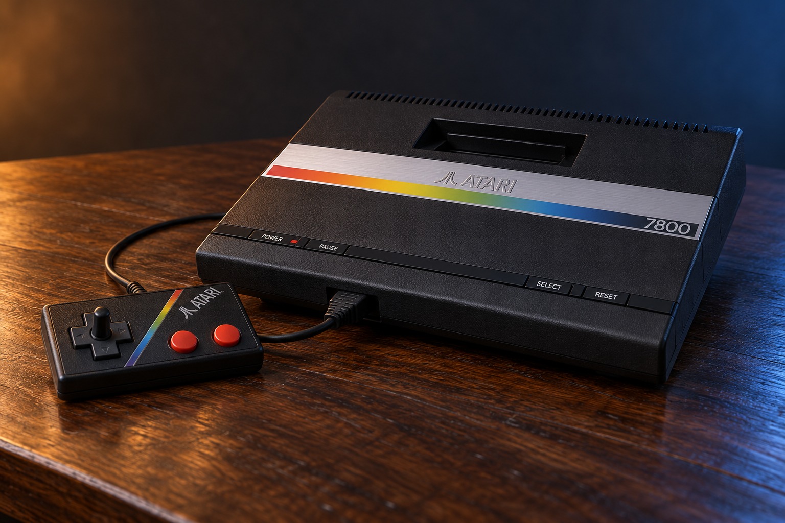 Atari 7800 mit passendem Controller auf einem dunklen Holztisch vor dezent beleuchtetem Hintergrund