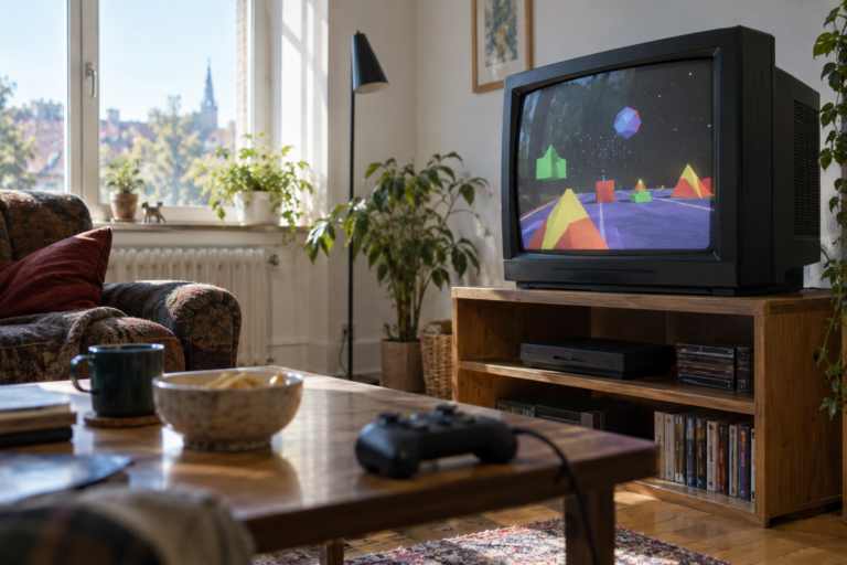 Helles Wohnzimmer mit Röhrenfernseher und abstrakten polygonalen Formen auf dem Bildschirm