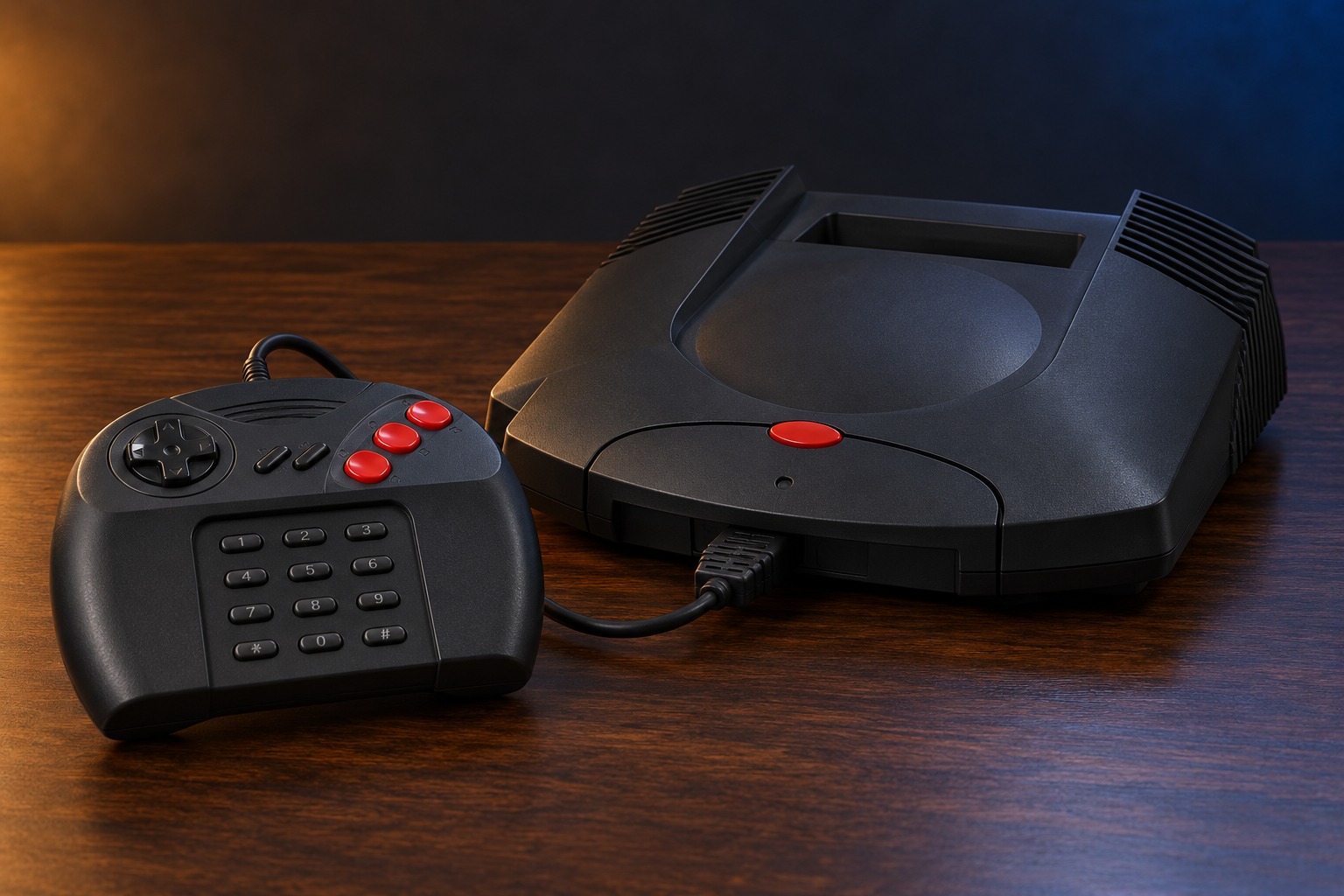 Atari Jaguar mit passendem Controller auf einem dunklen Holztisch vor dezent beleuchtetem Hintergrund