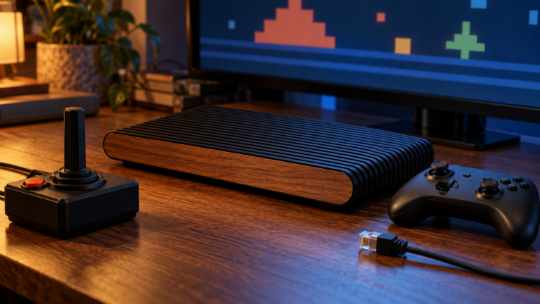 Atari VCS eingestellt: Symbolillustration einer Retro-Konsole mit Joystick, Gamepad und getrenntem Netzwerkkabel.